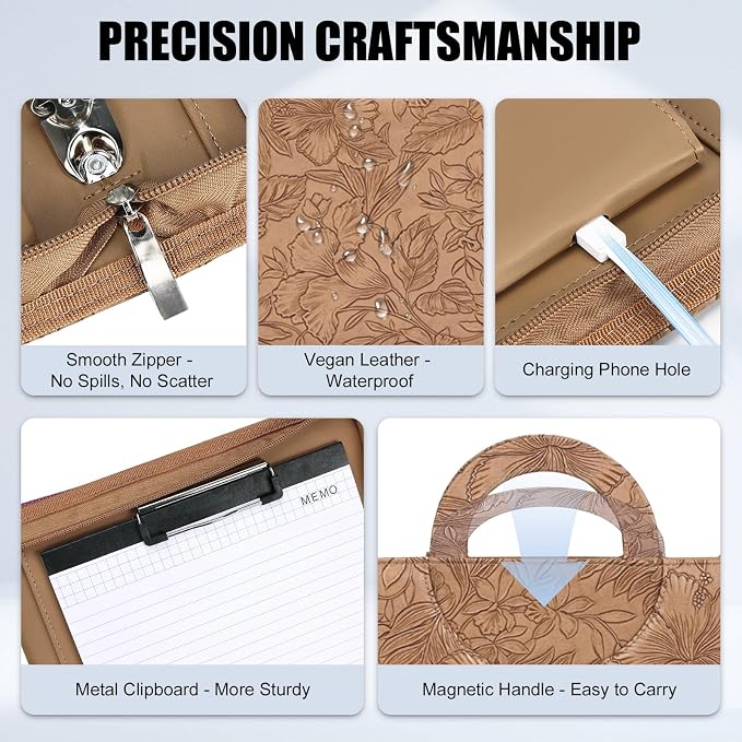 Portfolio Binder - 3 Ring Binder with Magnetic Handle, Vegan Leather Business Padfolio Folder with Notepad, Includes 5 Dividers with 10 Pockets for Documents Files