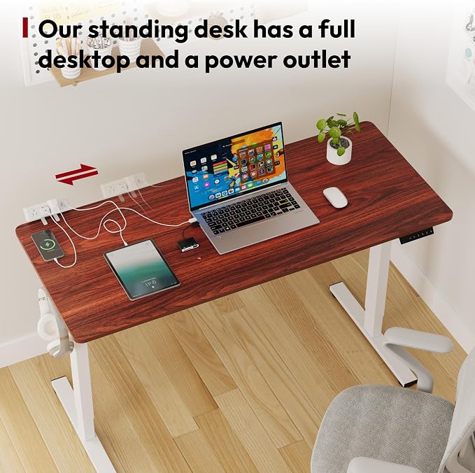 SANODESK Electric Standing Desk with Clamp Power Strip 60"x 24" Whole-Piece Desktop Height Adjustable Stand Up Desk with Cable Management Home Office Desk White Frame/Mahogany Top