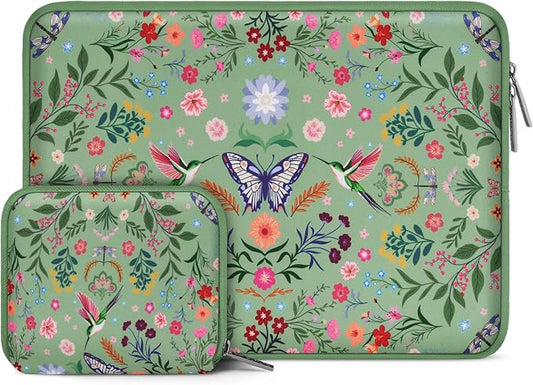 MOSISO Laptop Case 13.3 inch, 13-14 inch Laptop Sleeve Bag Compatible with MacBook Air/Pro 13/Pro 14, HP Dell ASUS Lenovo, Neoprene Hummingbird Plants Flowers Computer Bag with Small Case, Green