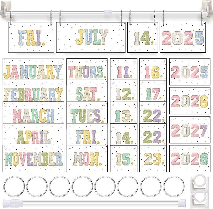 TecUnite Chenille Calendar Bulletin Board Set Classroom Bulletin Board Decor 54 Date Cards Colorful Embroidery Flip Calendar with Adjustable Holder for Back to School Supplies