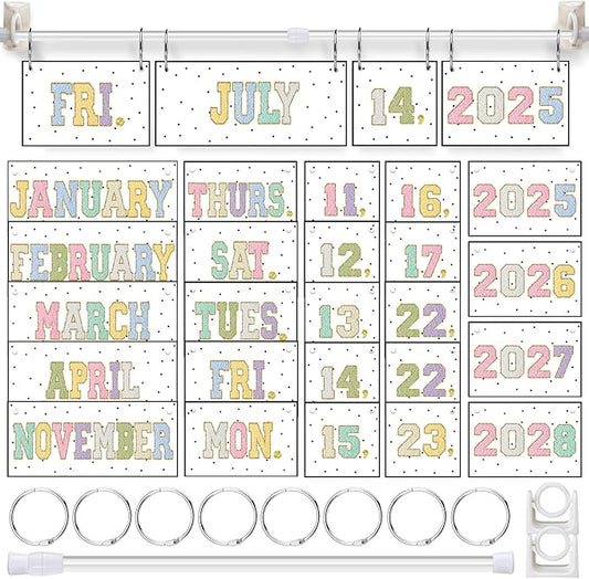 TecUnite Chenille Calendar Bulletin Board Set Classroom Bulletin Board Decor 54 Date Cards Colorful Embroidery Flip Calendar with Adjustable Holder for Back to School Supplies