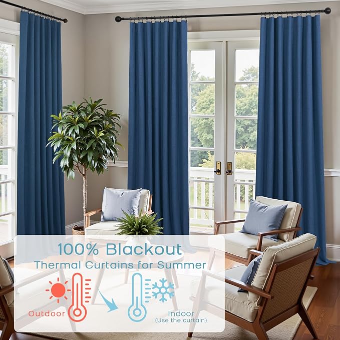 KOUFALL Navy Blue Curtains 96 Inches Long Blackout Linen Back Tab Pleated Drapes for Living Room Bedroom 2 Panels Set