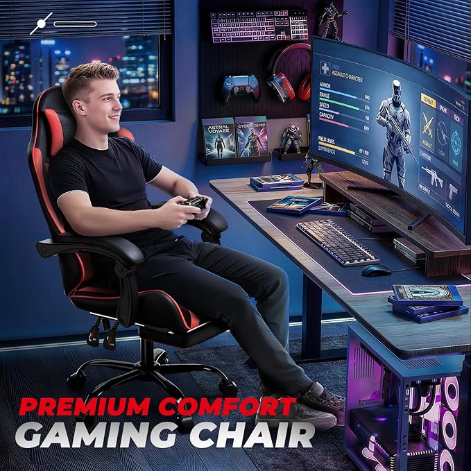 Auto Dynasty Ergonomic Gaming Chair, High-Back Office Chair w/Adjustable Lumbar Support, Linkage Armrest, Headrest & Footrest, 350LBS Recliner Swivel Computer Game Racing Chair, Red/Black