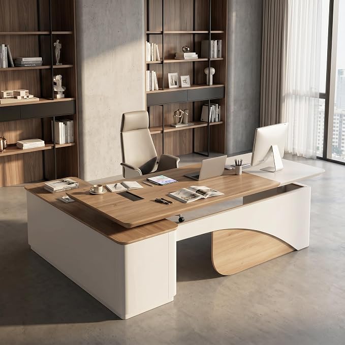 SAINTCY 86" L Shaped Standing Executive Desk with Drawers and Shelves,White Electric Adjustable Height Desk with Charging Station and Privacy Panel for Home and Office, Light Walnut