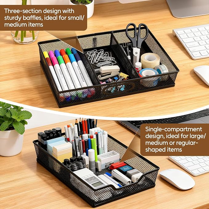 Yummy Sam 2 Pack Metal Mesh Office Desk Drawer Organizer Tray | Anti-Slip, 3 Compartments with Dividers, A4 Paper Large Letter Tray, for Desk, Home, Office Supplies, 12.2X8.8x2.1Inches