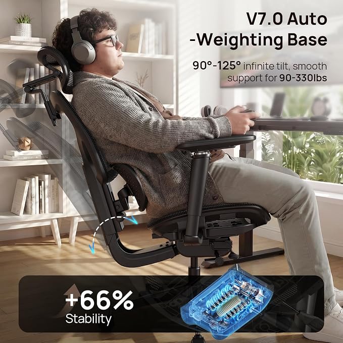 Ergonomic Mesh Office Chair - 10 Hours Comfort Dual Lumbar Support, 330lbs | 630° Armrests, 3D Headrest, Adjustable Seat Depth, Tilt &4- Lock, BIFMA, 5'0"-6'5" Fit, Home & Office Long Work No Back Pain