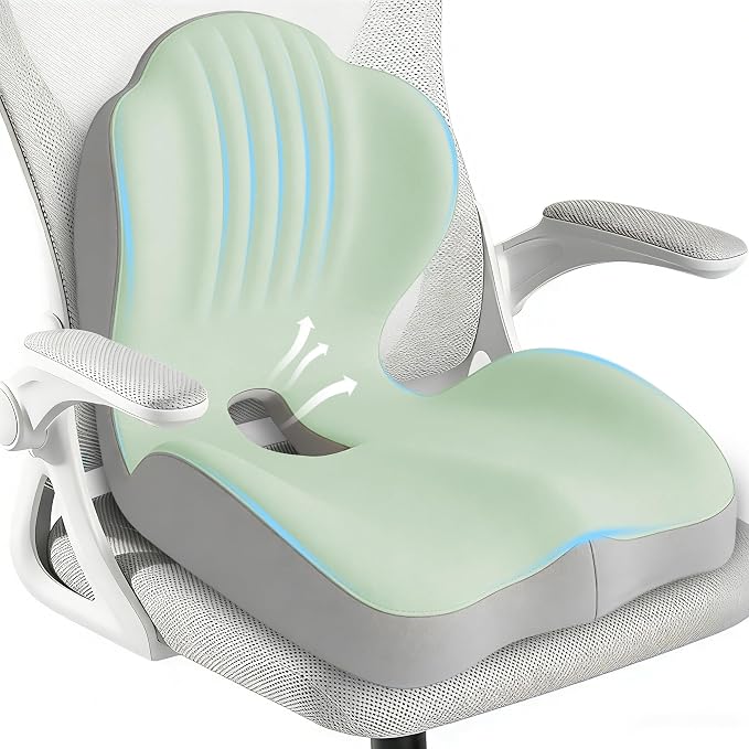 Seat Cushion for Office Chair Car, L-Shaped Ergonomic Seat Cushions,Memory Foam Orthopedic Cushion with Coccyx Hollow,Lumbar Support & Tailbone Pain Relief for Car, Truck, Home,Green & Gray