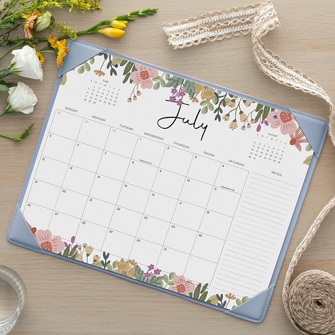 Cabbrix Desk Calendar 2026 with Desktop Mat, Floral Desk Pad Calendar 15 x 12 Inch 18 Months Runs From July 2026 to December 2027, Desk Blotter Calendar for Home School and Office (Blue)