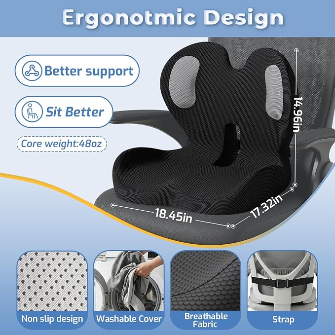 Seat Cushion,Memory Foam Chair Cushion for Office and Car,Ergonomic Coccyx Seat Cushion for Tailbone,Sciatic Nerve,Lower Back Pressure Relief,Lumbar Support Pilow for Office,Car,Truck,Desk Chair