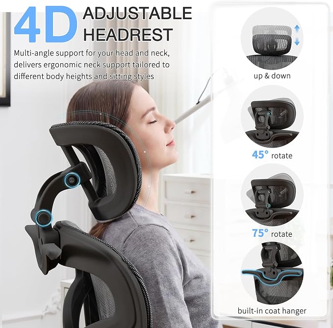 Ergonomic Mesh Office Chair with 2-Zone Lumbar Support and Footrest,Black | Big and Tall, 400LBS, Adjustable Seat Depth, 4D Headrest, 4D Armrests Swivel Executive Chair for Home Office