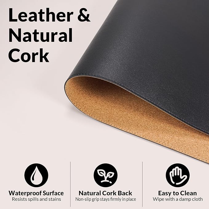 AFIING Desk Mat 35.4" x 17", Cork & PU Leather Desk Pad, Black | Large Mouse Pad, Waterproof Desk Protector, Office Desk Mat & Laptop Blotter
