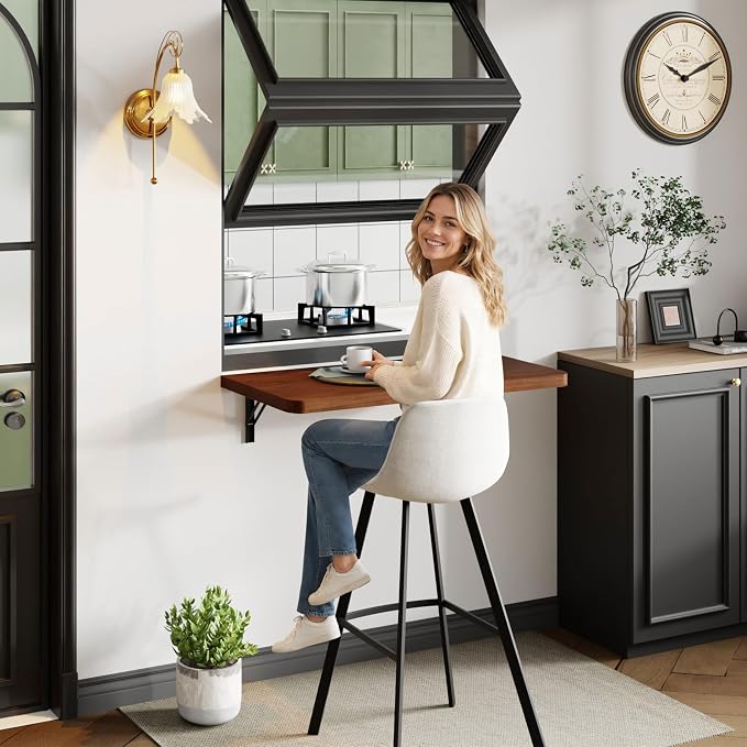 Dogsky Floating Wall Desk, 24" x 14" Wall Mounted Folding Table, Pine Wood Fold Down Wall Table, 100 lb Capacity Wall Mount Desk for Small Apartment, Laundry Room,Kitchen,Bar & Computer, Walnut