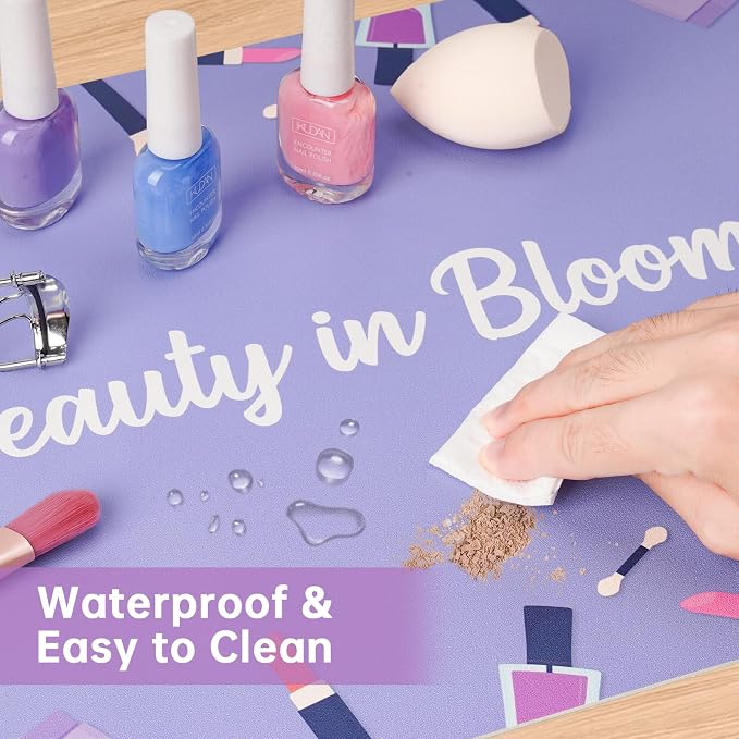 Dual-Sided Waterproof Synthetic Leather Makeup Mat for Desk, Makeup Station, Crafts, Multi-Use Scratch & Stain Resistant Surface Protector Pad for Vanity, Desktop, Craft Table (Purple Cartoon)