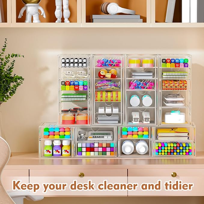 ARSTPEOE Acrylic 13-Drawer Storage & Makeup Organizer for Desk, Bath | Smooth-glide drawers, clear acrylic, stackable, dustproof, wipe-clean, for eyeliners, lip liners, markers, push pins,pen
