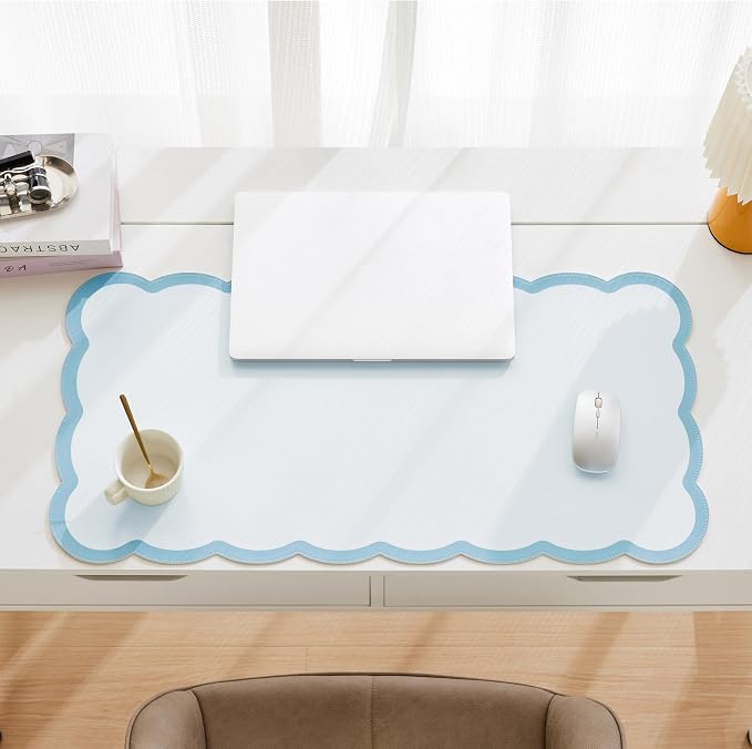 Scalloped Desk Mat, 31.5" x 15.7" Large Cute Aesthetic Desk Accessories, PU Leather Computer Laptop Desk Mouse Keyboard Pad, Desk Writing Mat for Vanity/Work/Home Decor (Blue, 31.5" x 15.7")