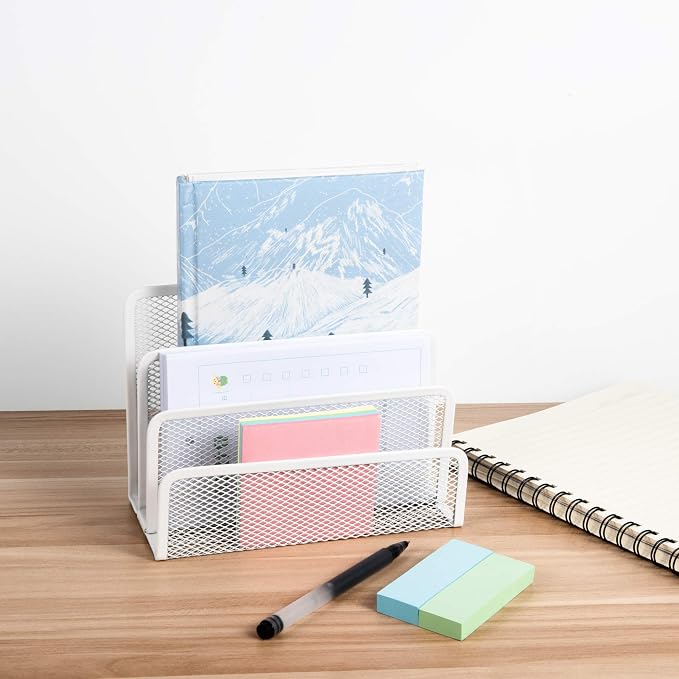 VANRA Small Letter Sorter Desktop File Holder Organizer Metal Mesh with 3 Vertical Upright Compartments (White)