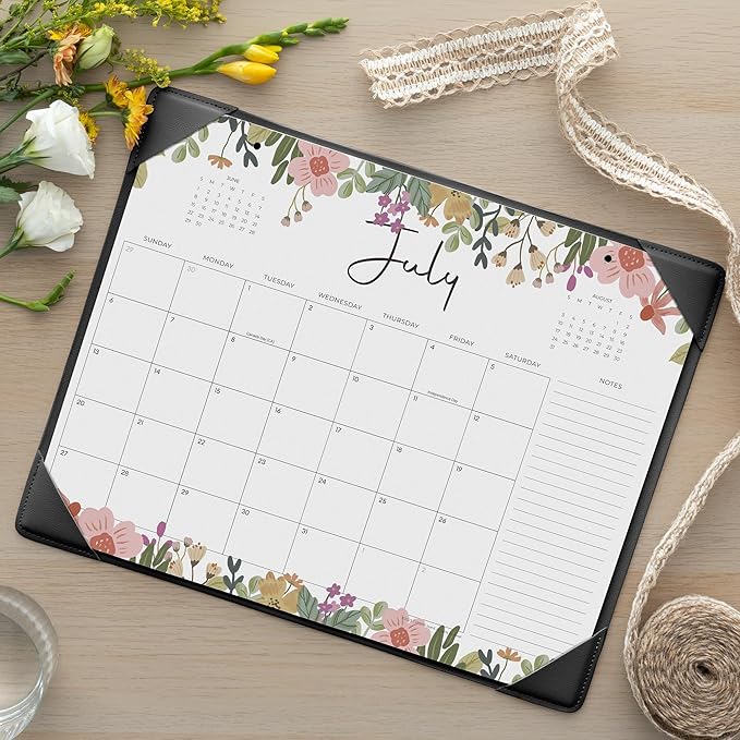 Cabbrix Desk Calendar 2026 with Desktop Mat, Floral Desk Pad Calendar 15 x 12 Inch 18 Months Runs From January 2026 to June 2027, Desk Blotter Calendar for Home School and Office (Black)