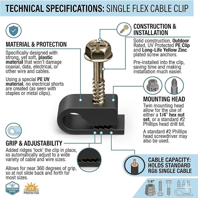 Stanz (TM) Flex Single Coaxial Cable Clips, Cat6, Electrical Wire Cable Clip, 1/4 in (6 mm) Screw Clip and Fastener, Black (100 Pieces per Bag)