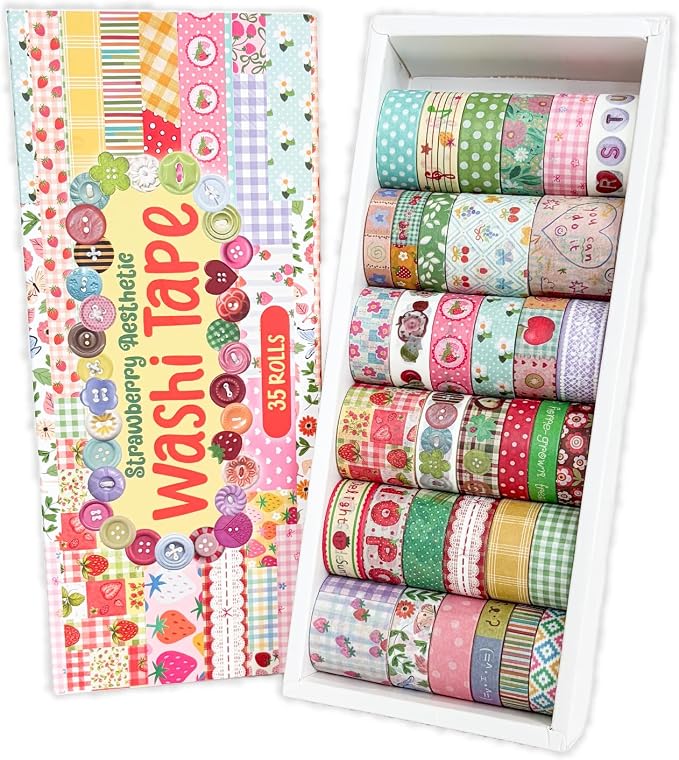 Bomichi Washi Tape Set - 35 Rolls Strawberry Pastel Washi Tape for Junk Journal Supplies, Bullet Journal Supplies, DIY Crafts, Scrapbooking, Planner Decoration, Gift Wrapping, School Supplies