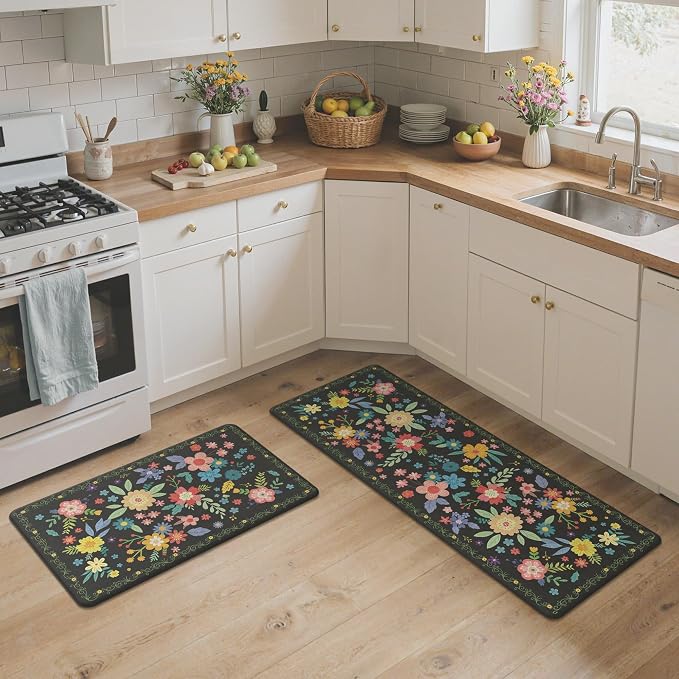GENIMO Anti Fatigue Kitchen Mats for Floor 2PCS, Cushioned Standing Mats | 17.3"x47"&17.3"x30", Black vintage floral rug set, waterproof, non slip, easy-clean for farmhouse