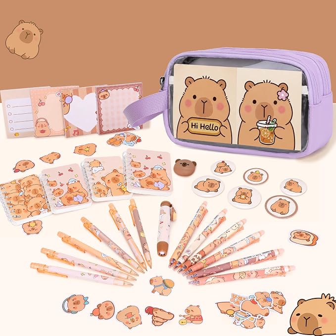 Capybara Backpack for School Girls, 30PCS Capybara Gifts School Supplies Stationery Set with Lunch Box Pencil Case Pens Pencils Notebook Cartoon for Kindergarten Elementary Student(Purple)