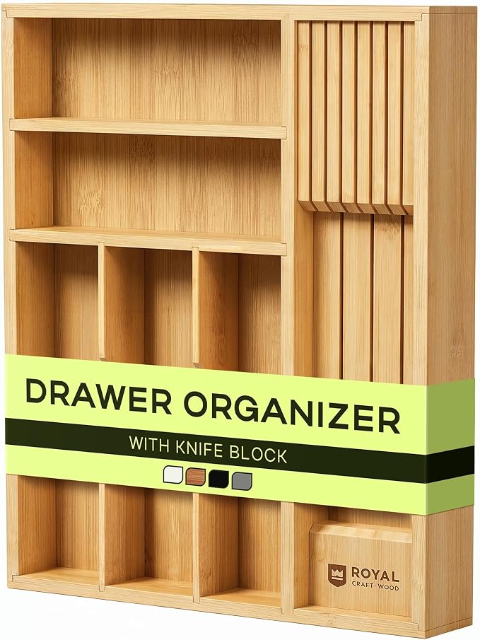 Drawer Organizer with Knife Block for Kitchen Organization, Bamboo Silverware Drawer Organizer, Compact Bamboo Cutlery Tray for Flatware and Utensils, Removable 7-Slot Knife Block for Kitchen Drawers