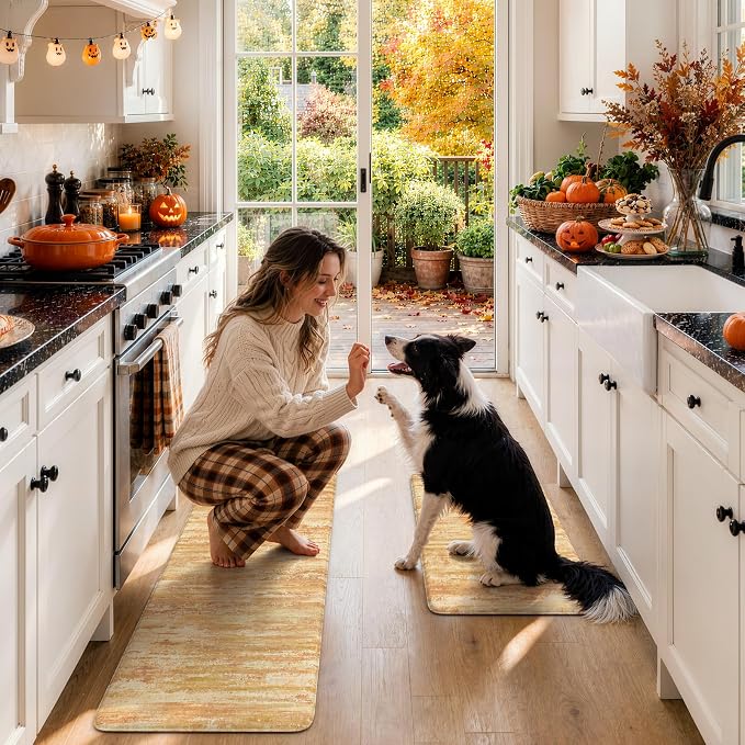 KIMODE Fall Decor Kitchen Mats Cushioned Anti Fatigue,Orange Aabstract Rugs | Farmhouse Kitchen Rugs Sets of 2,Waterproof Kitchen Mats for Floor,Padded Kitchen Floor Mat for Sink Laundry Desk Bedroom RV