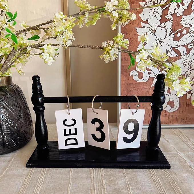 Wooden Perpetual Desk Calendar - Vintage Rustic Flip Calendar with Metal Rings & Reusable Daily Date Cards(Black)