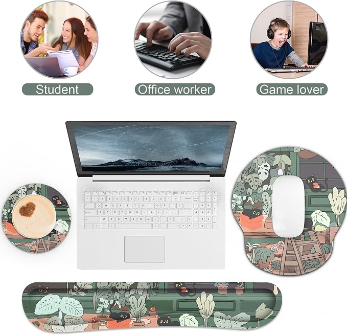 Ergonomic Mouse Pad with Wrist Rest and Keyboard Wrist Rest, Mousepad and Wrist Rest for Computer Keyboard, Pain Relief, Non-Slip Rubber Base, Mouse Pad with Wrist Support for Gaming, Office, Cat