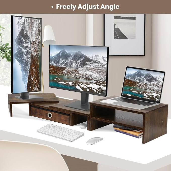 Monitor Riser for 3 Monitors, Angle Adjustable Monitor Stand with Drawer | Dual Monitor Stand for Desk, Dual Monitor Stand with Storage, Wooden Extra Long Triple Monitor Riser up to 52", Rustic Brown