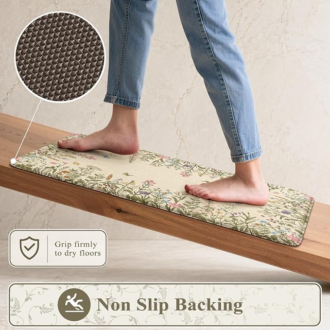 KIMODE Kitchen Mats Cushioned Anti Fatigue 17"x47"+17"x29", Farmhouse Kitchen Mats for Floor 2 Piece, Padded Kitchen Floor Mats Non Slip, Cream Wildflower Standing Mat for Laundry Bath Sink Office