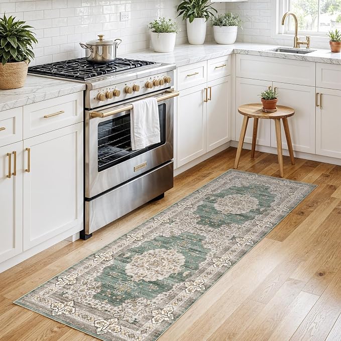2x6 Washable Hallway Runner Rug:Oriental Indoor Kitchen Rugs Vintage Door Mat Non Slip with Rubber Backing Low Pile Thin Carpet for Bedroom Bathroom Living Room Bedside (2x6 Green/Beige)
