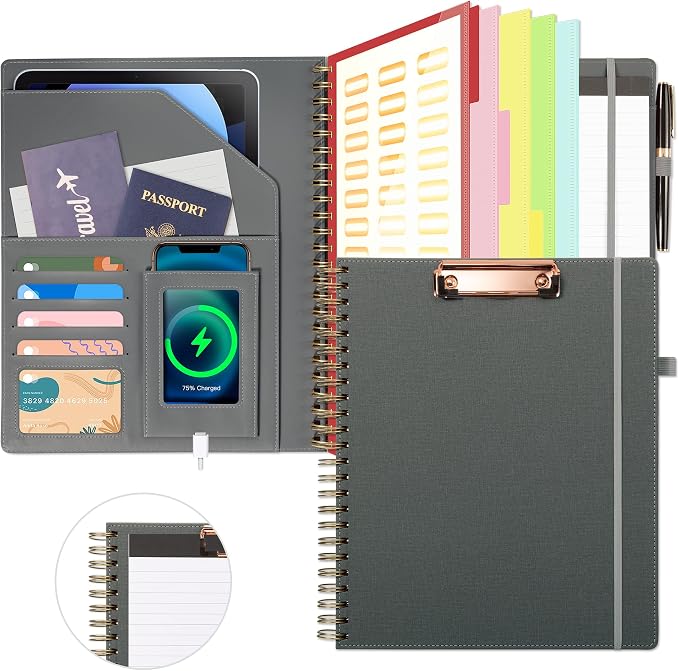 Ospelelf Clipboard with Storage for Men Women, Leather Padfolio Portfolio Organizer 5 Folders with 10 Pockets, Spiral Clipboard Folio with Notepad for Letter Size, Elastic Closure and Pen Loop Grey