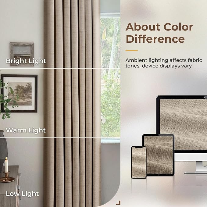 INOVADAY 100% Blackout Curtains for Bedroom, Burlywood Birch Black Out Curtains 90 Inch Long, Clip Rings Linen Blackout Drapes, Thermal Insulated Room Darkening for Living Room, 2 Panels - W50xL90