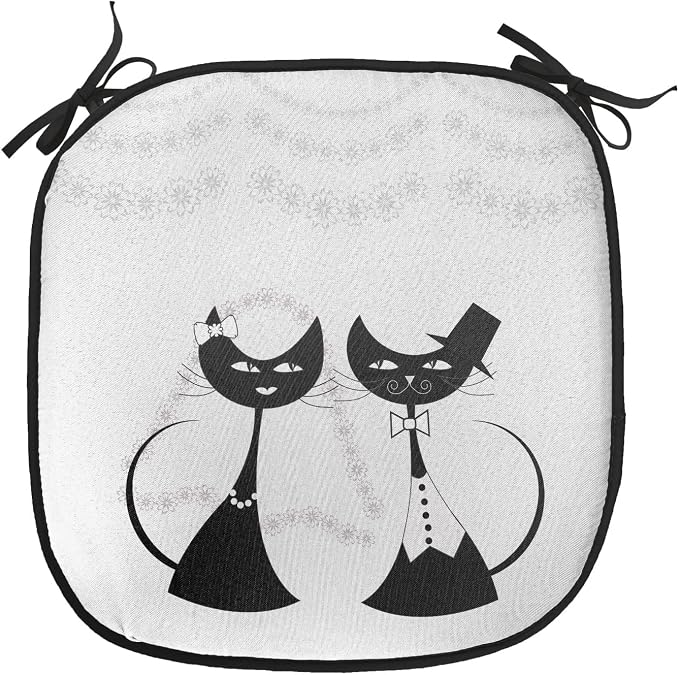 Lunarable Animals Chair Cushion Pad, Cats The Groom and Bride Life Partners Celebrating with Dress Bow Tie Joyful, Seat Padding for Kitchen & Patio with Anti-Slip Backing, 16"x16", Grey Black White