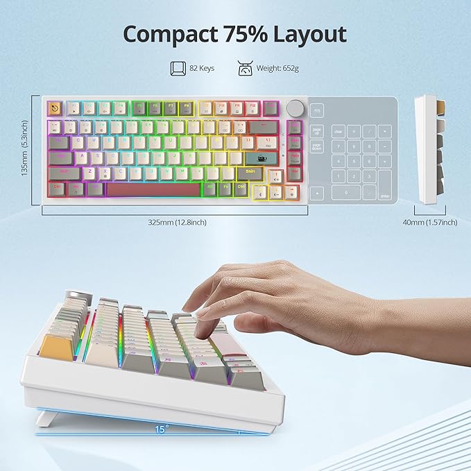 Guffercty kred 75% Retro Keyboard with Knob, Custom Gasket Mounted Wired Mechanical Gaming Keyboard 75 Percent RGB Hot Swap for Mac/Win (Gasket 82 Retro 9009)