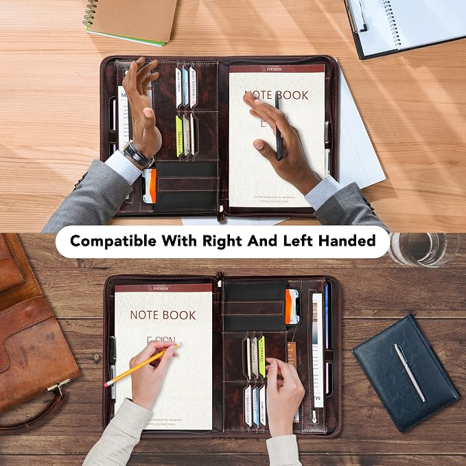 Zippered Padfolio for Women & Men Resume Portfolio Folder Vegan Leather Business Organizer Planner,with Writing Pad Interior 10.1 Inch Tablet Sleeve Dark Brown