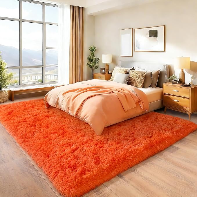 Area Rugs for Living Room Bedroom 9x12, Ultra Fluffy Shag Rug Modern Washable Carpet Soft Shaggy Non Slip Indoor Plush Fuzzy Rugs for Bedroom Dorm Office Home Aesthetic Decor, Orange