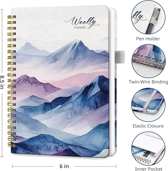 Taja Undated Weekly Planner, Weekly To Do List Notebook with Goal & Habit Tracker Organizer, A5 Weekly Planner Notebook with Spiral Binding, 6.1" x 8.2" - Distant Peaks