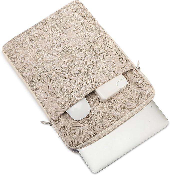 Kinmac 360° Protective Vertical Laptop Sleeve Case Cover Bag (Apricot Flower PU, 12.5 inch-13.3 inch)