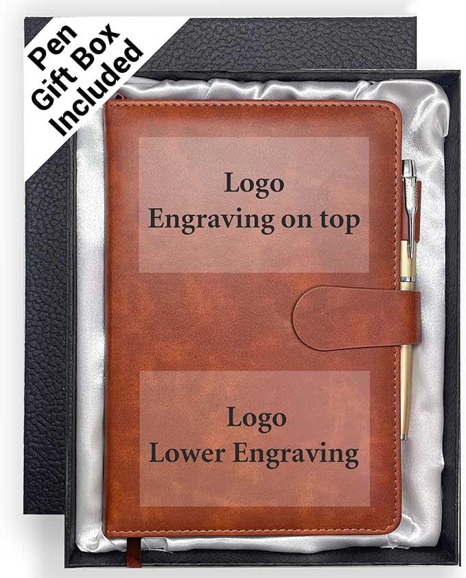 Personalized Notebook with Pen and Gift Box, Custom Logo Leather Journal, Gifts for Women Men, Engraved Journals To Write In, Birthday, Best Friend, Mom, Sister, Corporate, Business Gift (Logo-Brown)