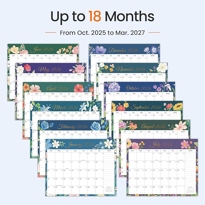 SUNEE Desk Calendar 2026 Large 22x17 from October 2025 to March 2027, Extra Large Desktop Monthly Calendar Pad 18 Months For Teacher or Family, Desk Top, Floral