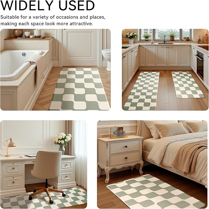 Sage Green Beige Retro Curvy Checkered Grid Checkerboard Kitchen Rug Sets [2 PCs], Anti-Fatigue, Waterproof Non-Slip Kitchen Mats Heavy Duty Comfort Foam Rug for Floor, Home, Laundry,17"x29"+17"x47"