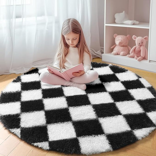 KICMOR Round Rugs 7ft Black and White Circle Area Rug, Fluffy Soft Large Fuzzy Shag Shaggy Bedroom Living Room Carpet, Indoor Checkered Circular Rug for Kids Boys Girls Home Decor Aesthetic, Nursery