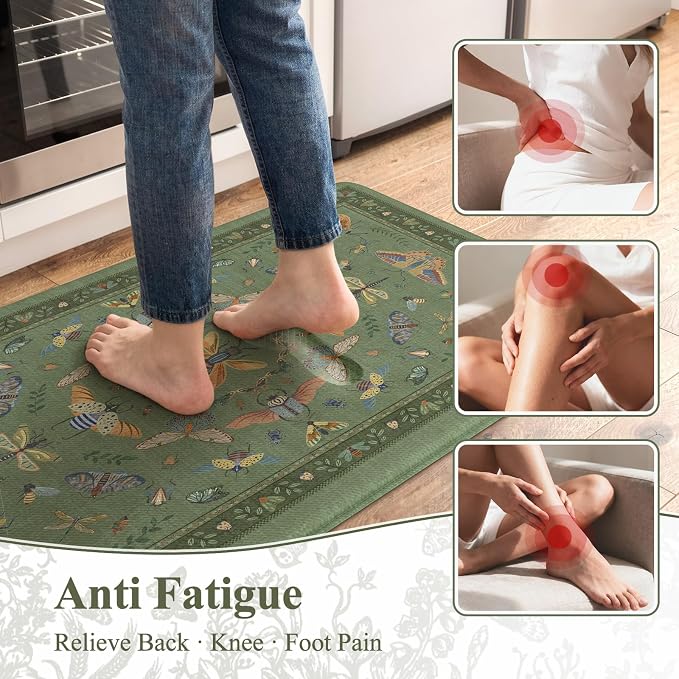 KIMODE Kitchen Mats for Floor Cushioned Anti Fatigue Kitchen Rugs Sets of 2 | 17 x29+17"x47", Sage Green,Vintage Butterfly,Non Slip Waterproof,Memory Foam,Standing Mats,for Laundry Sink Office Home Decor