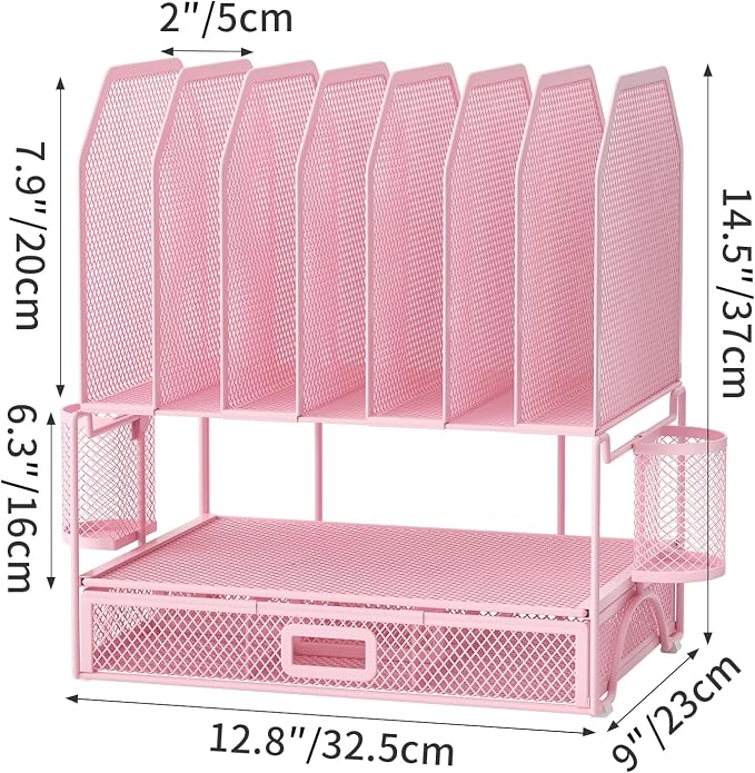 FANXIYQ Metal Desk Organizer with Sliding Drawer, 7-Section File Organizer for Desk, Desktop File Folder & Paper Organizer with 2 Hanging Pen Holders, Office Supplies Organizer, Pink
