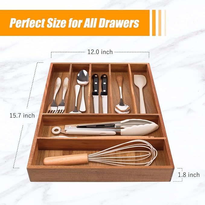 Bamboo Silverware Organizer, 12"x15.7" Utensil Holder Cutlery Tray with Grooved Drawer Dividers for Kitchen Flatware, Bedroom, Office (7 Slot, Acacia)