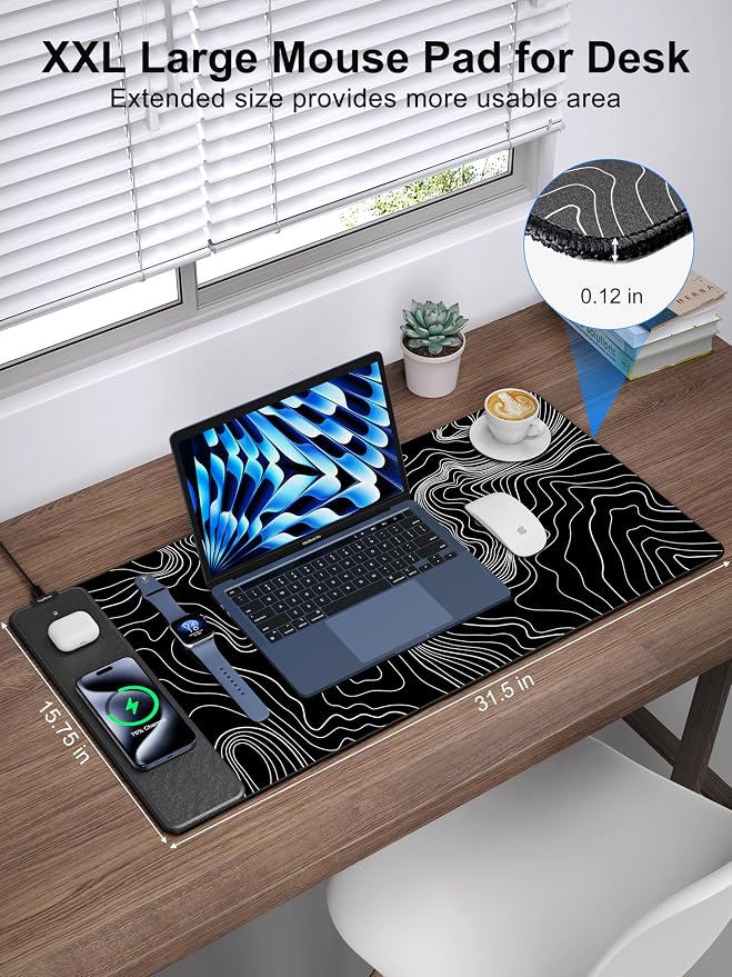 TopMade Mouse Pad with 15W Fast Wireless Charging, 31.5"x15.75" XXL Large Gaming Waterproof Desk Pad, Computer Desk Mat, Black Topographic Map #2 (Includes 20W PD Power Adapter & 6.56ft Woven Cable)