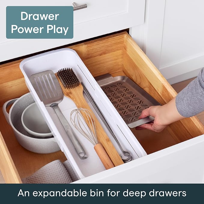 YouCopia DrawerFit® Sliding Drawer Bin, Expandable and Adjustable Kitchen Storage Organizer, Speckled White