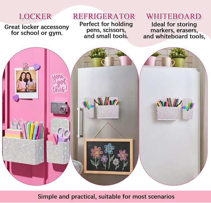 MotiMind 2 Pcs AB Color Bling Magnetic Marker Holder Women Girl Locker Accessories Marker Pen Pencil Holder for Refrigerator Whiteboard Sparkly Gift Desk Organizer for School Office (Rhinestone)